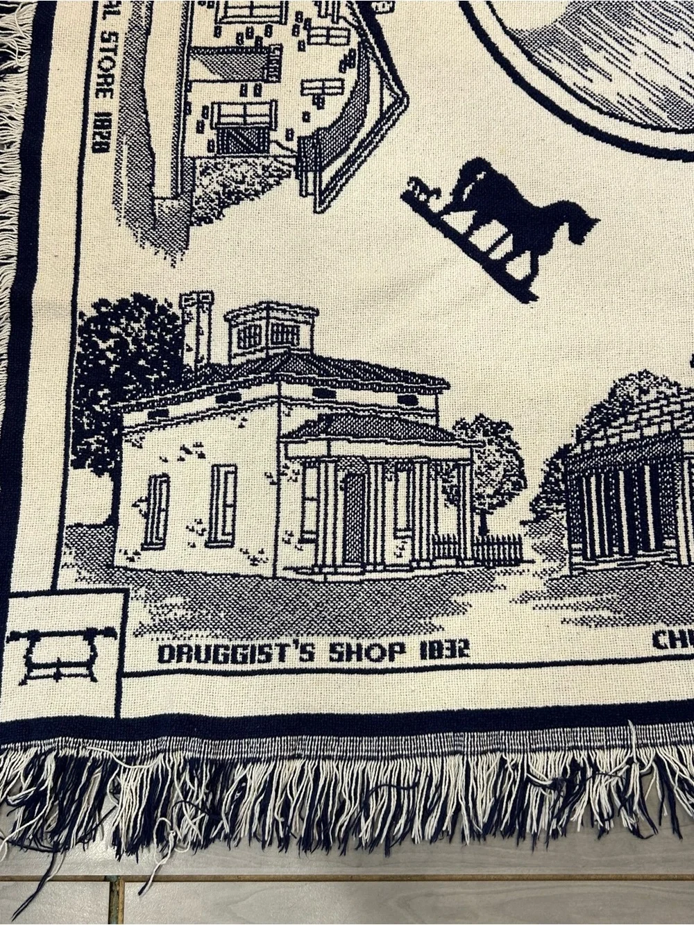 Vtg Farmers Museum Cooperstown NY Tapestry Throw Blanket Fringe 44x60 Cottage